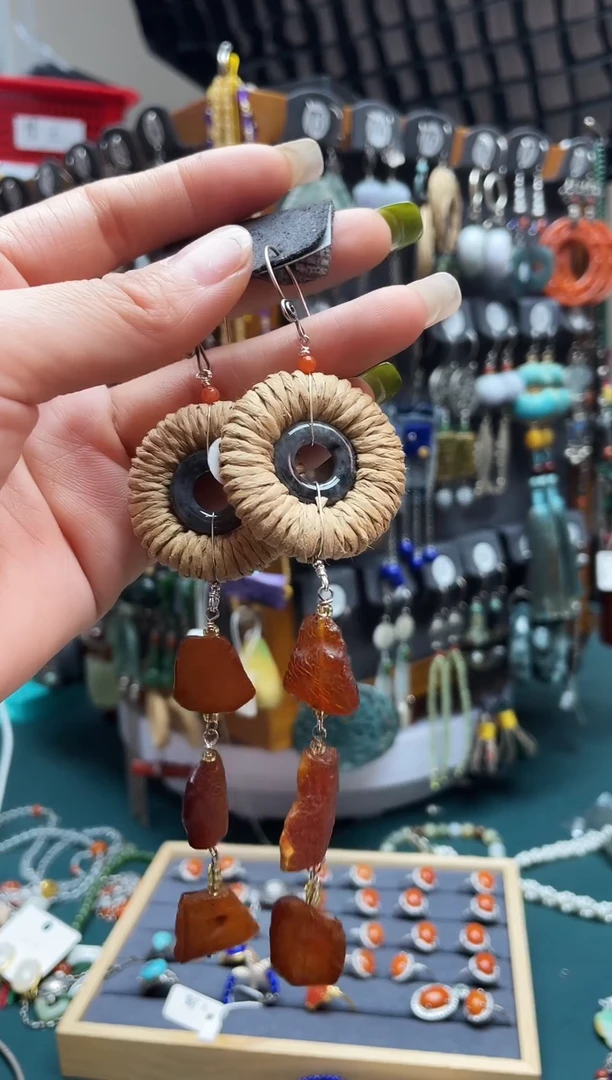 蜜蜡银S925镶嵌耳饰饰品