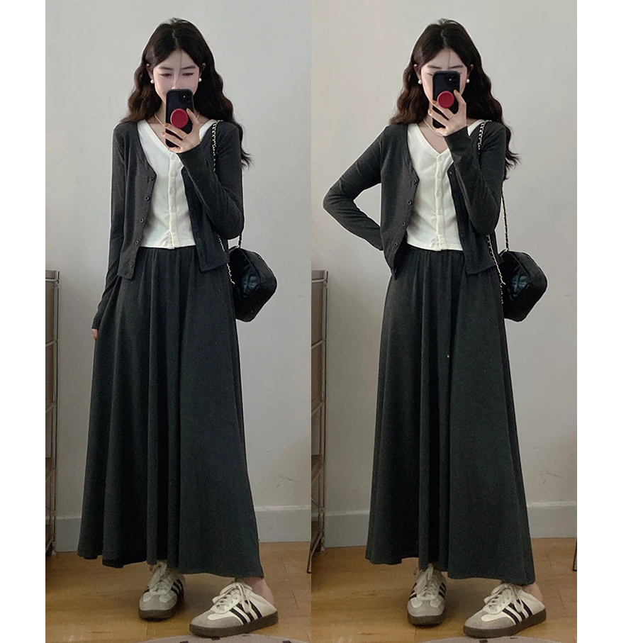 大码女装秋季新款假两件长袖T恤+半身裙套装显瘦两件套