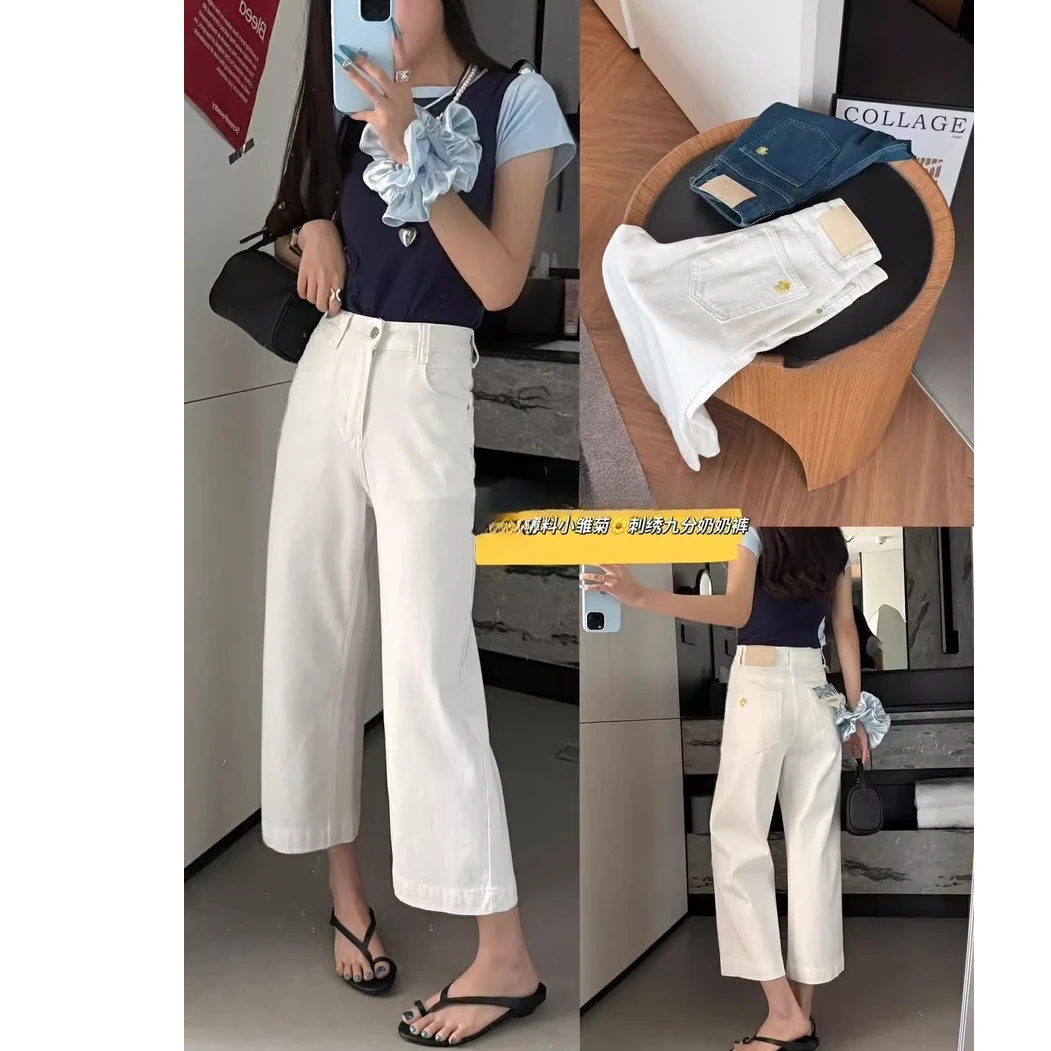 夏季简约宽松九分奶奶裤百搭舒适后口袋小雏菊刺绣直筒牛仔裤女