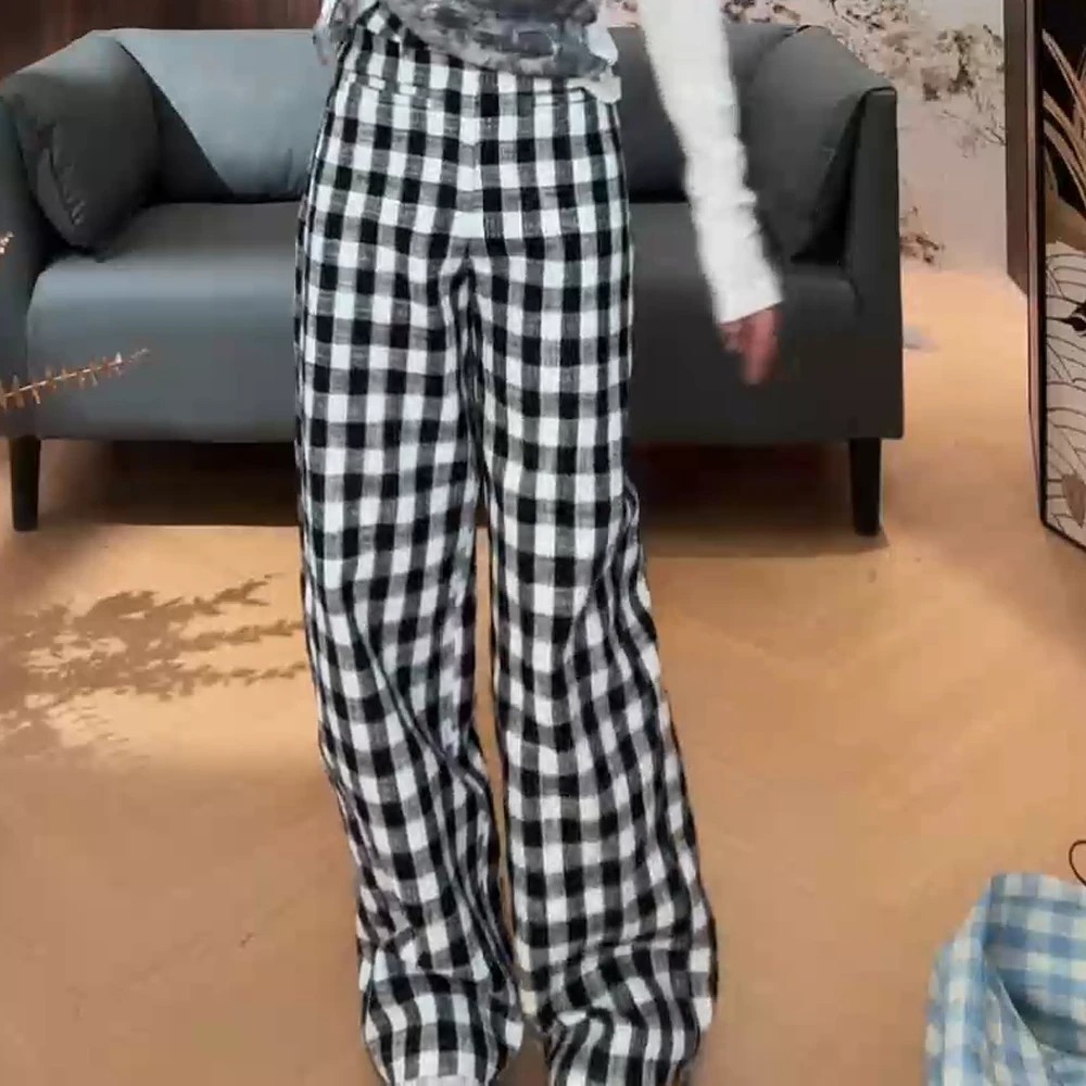 春夏新款高腰蓝白格子休闲阔腿裤子夏季显瘦格子裤时尚宽松