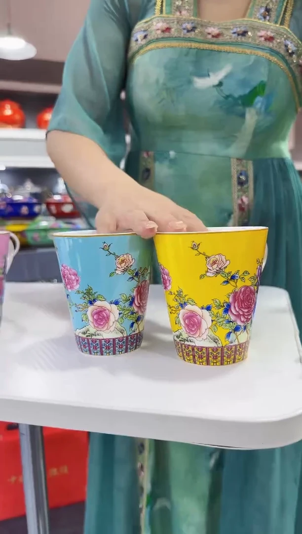 珐琅  牡丹花卉水杯2只装景德镇陶瓷