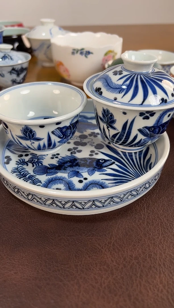 可*麟照夜白青花鱼藻3件套