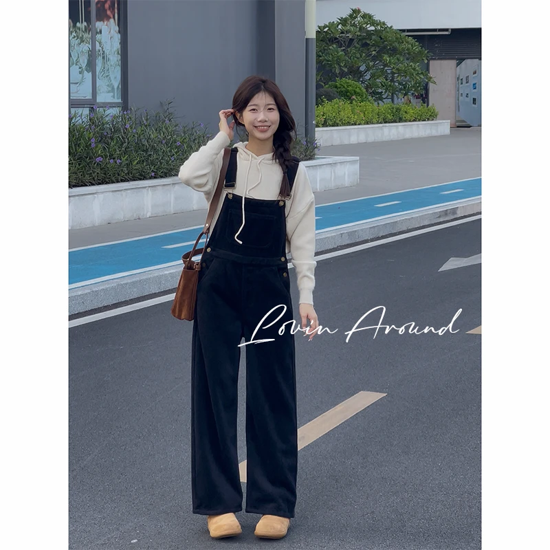 WANZI-9250-3加厚双面羊绒藏青黑背带裤女连体裤显瘦阔腿裤直筒裤