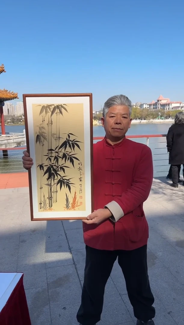 书法张富民手绘作品/竹报平安//古宣（乌檀木外框）35*70cm左右