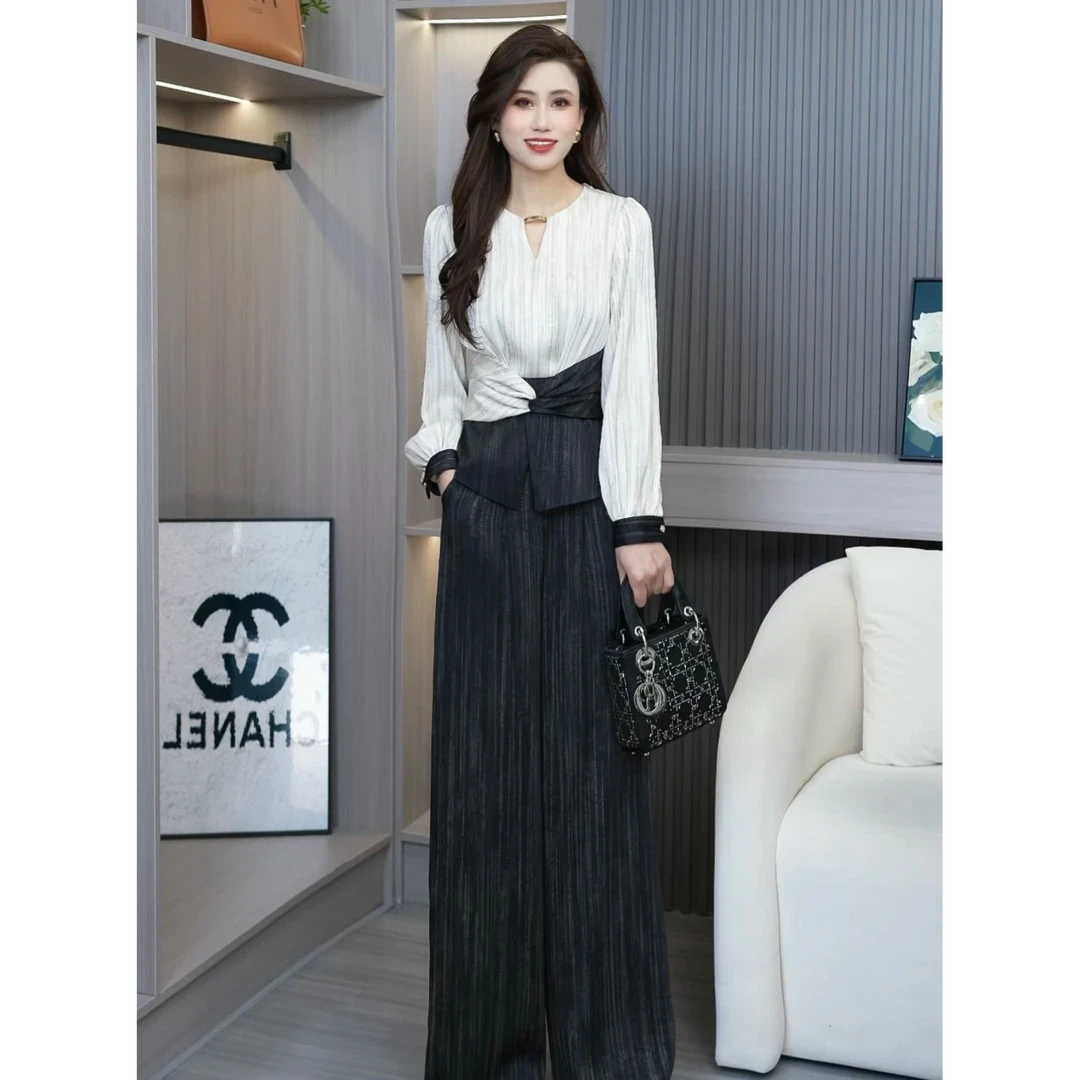 时尚气质初春一整套女装高级感轻奢小众拼接撞色 衬衫长裤两件套