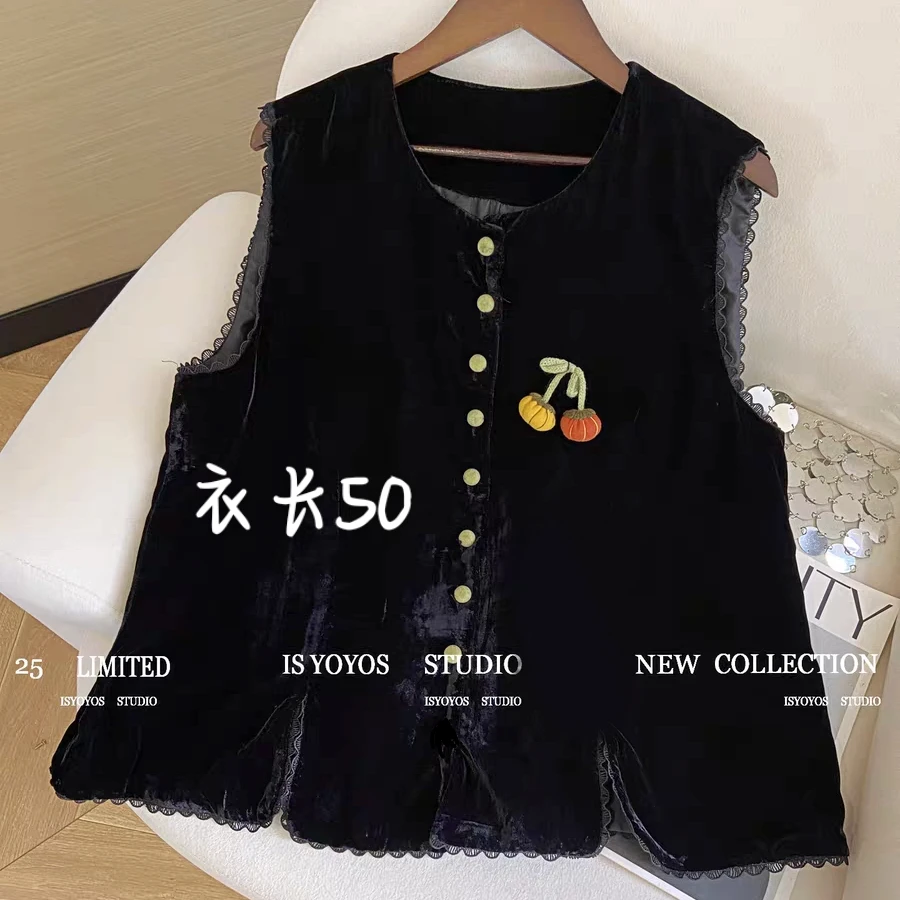 【艳子】9002小个子复古~圆领花边丝绒马甲背心