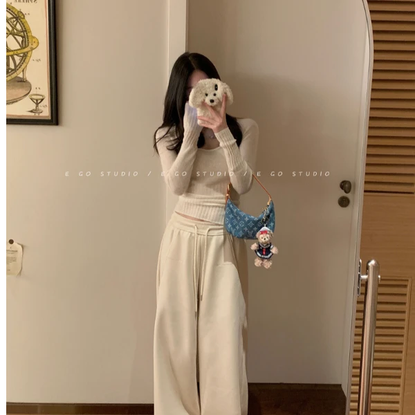 flower自制不易皱的蓬蓬感卫衣阔腿长裤巨松紧腰宽松休闲裤