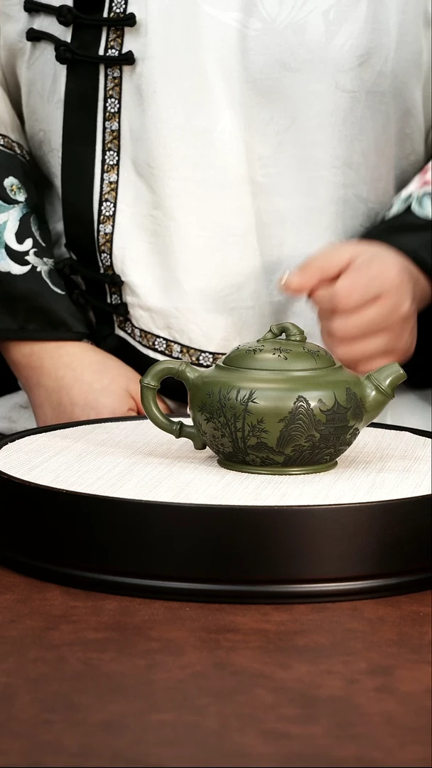 茶壶紫砂宜兴紫砂 竹节婉玉民国绿