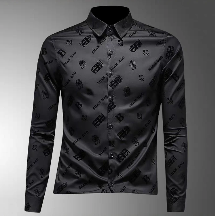 潮牌植绒长袖衬衫男士春秋季新款休闲修身大码花衬衣