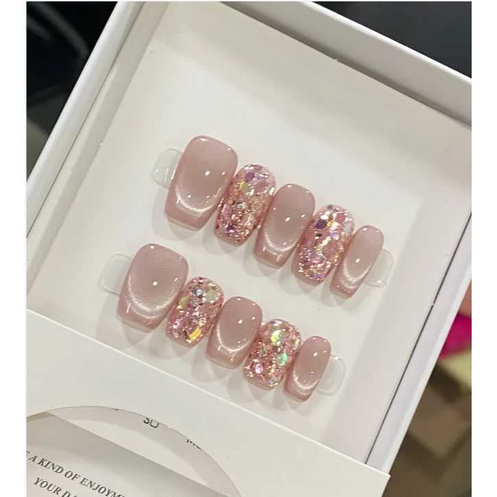 YoMi【蜜桃女孩】初秋秋季猫眼手绘纯手工简约可重复穿戴美甲XX4