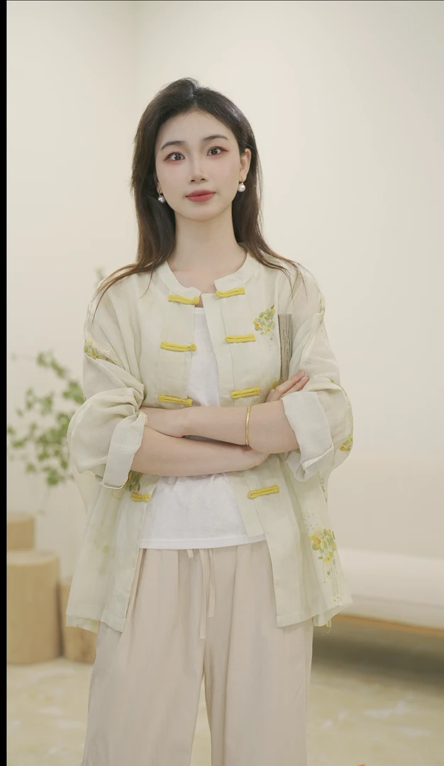 复古印花苎麻衬衫女文艺新中式盘扣衬衣开衫气质立领长袖薄款外搭