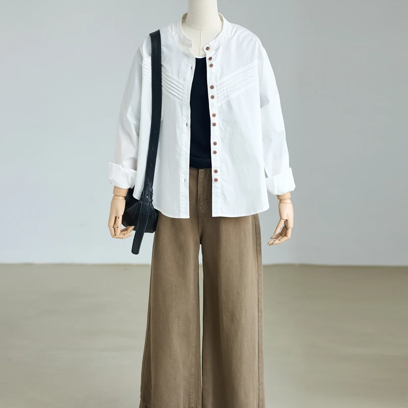 琴川谷2025春装新款立领纯棉长袖衬衫女休闲褶皱上衣衬衣减龄百搭