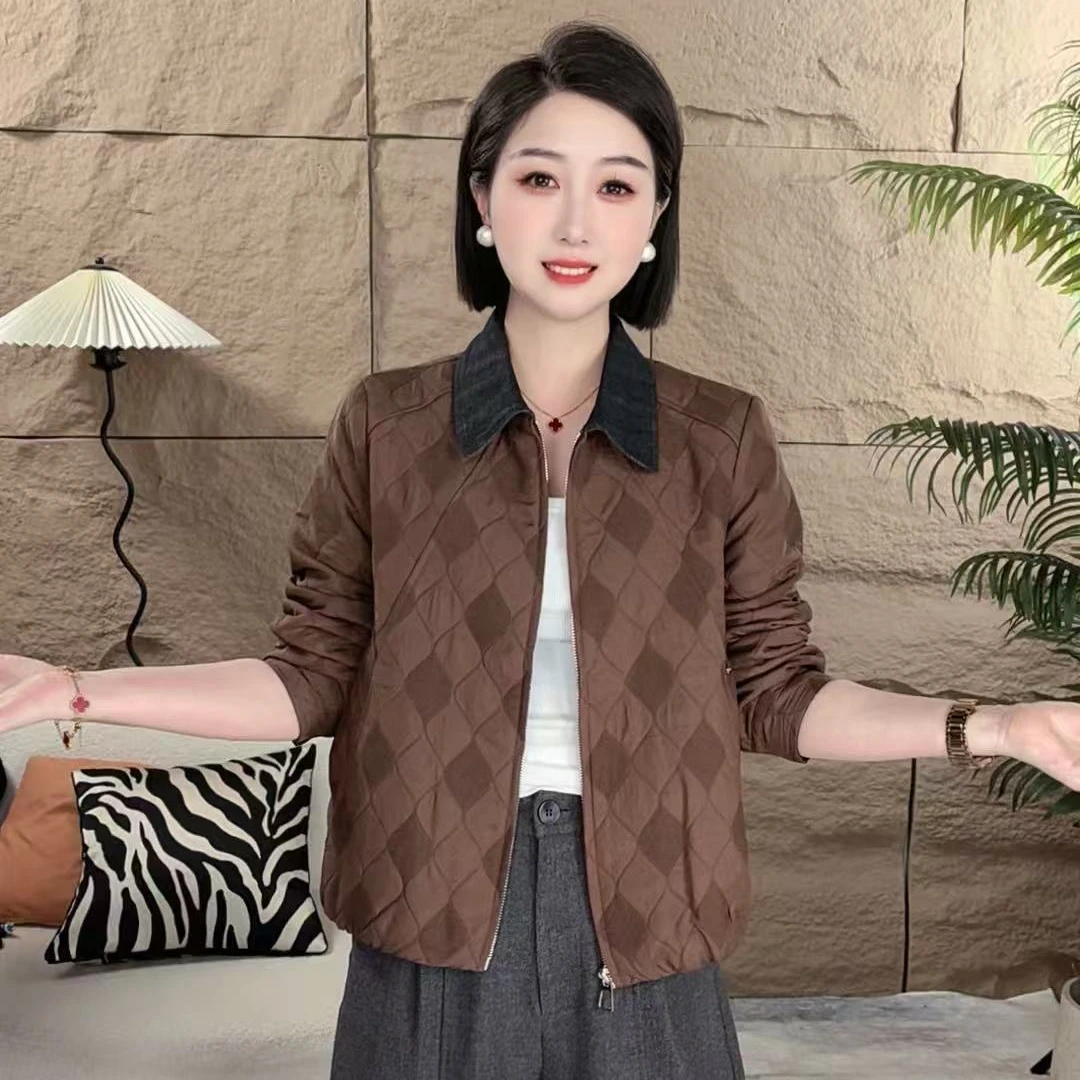 新款外套拉链时尚衬衫领领口拼接女显瘦打格菱格棉衣气质外套