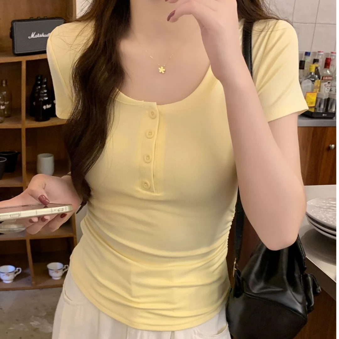 纯欲辣妹风短袖t恤夏季新款韩版百搭修身纽扣设计感褶皱显瘦上衣