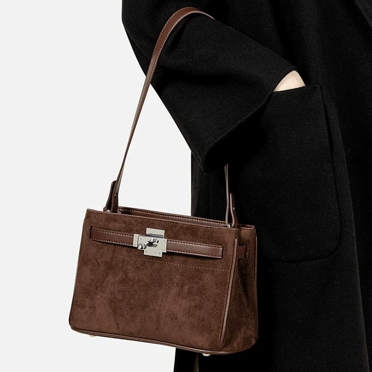 HONGU/红谷【100%好评】轻奢牛皮皮反绒凯莉包单肩包斜挎包流光风