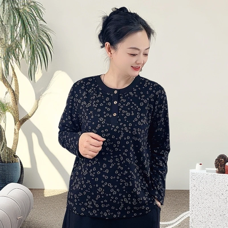 时尚打底衫妈妈装休闲洋气减龄百搭印花春秋季圆领套头提花上衣