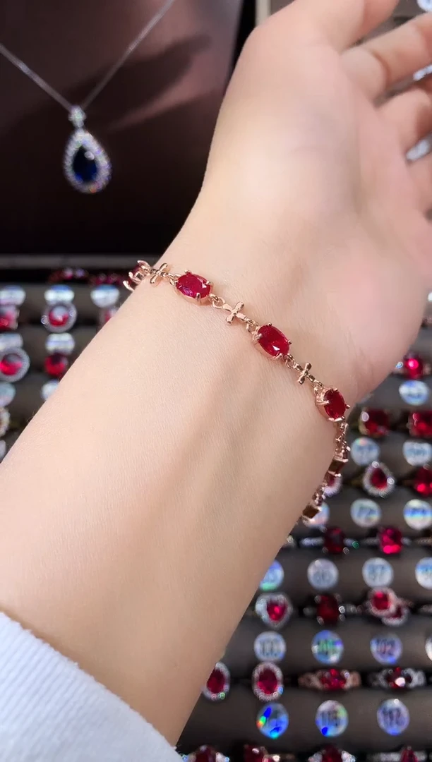 银S925镶嵌手链红宝石玫瑰金酒红