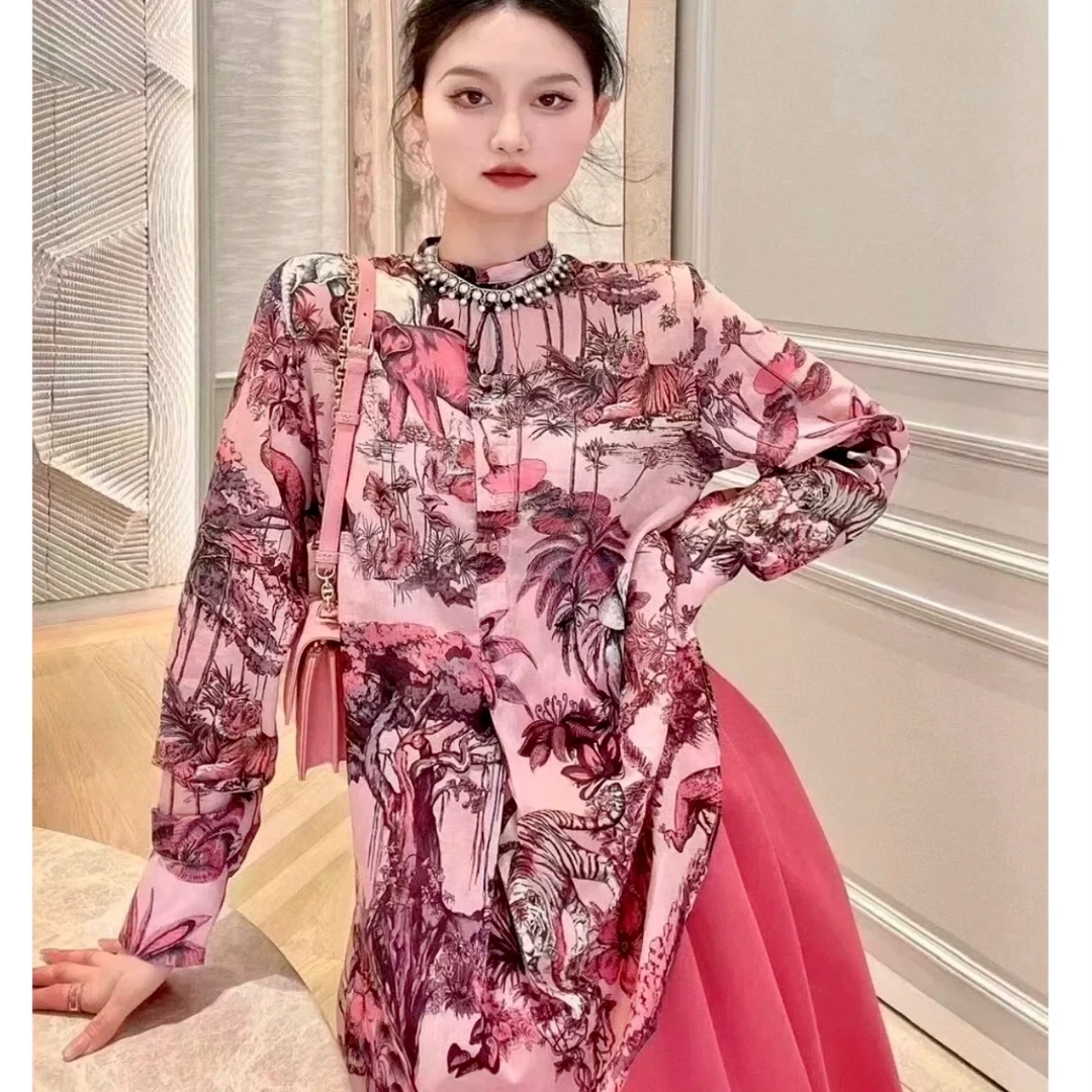 未使用 DIOR/迪奥 Dior 宽松满印长袖衬衫 紫色34-36