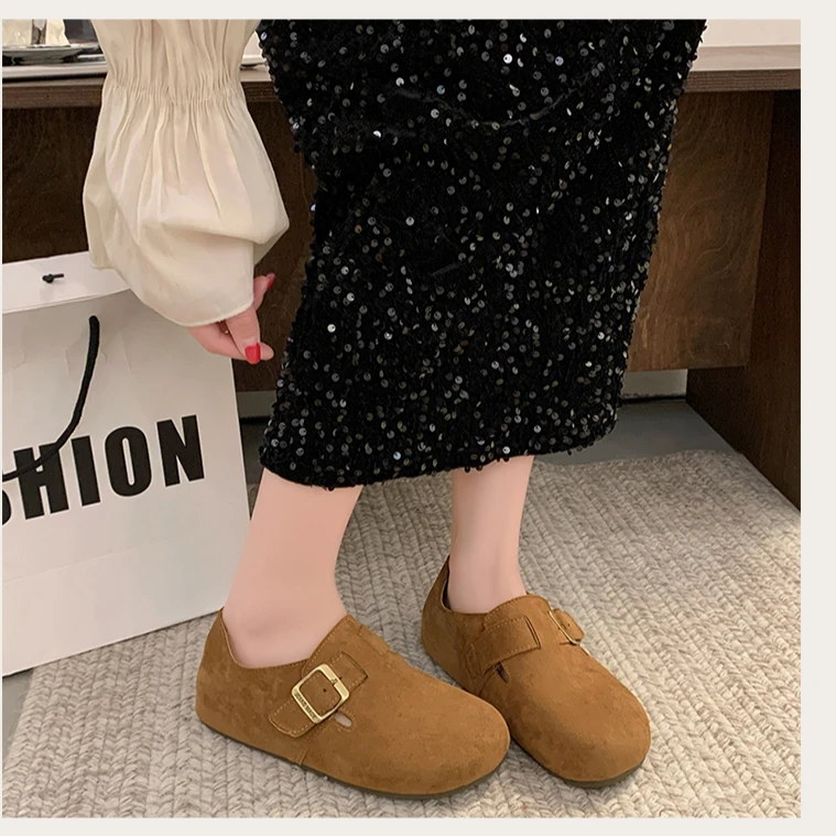 【劳诗蒂奴】时尚百搭平底软底极简复古真皮勃肯女鞋