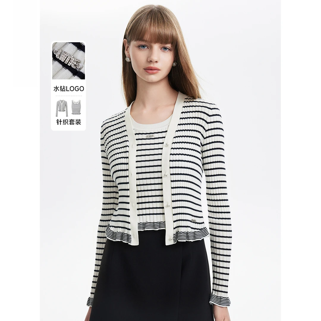 绵羊毛天丝气质条纹针织套装2025新款木耳边开衫女LMFC18KCD153