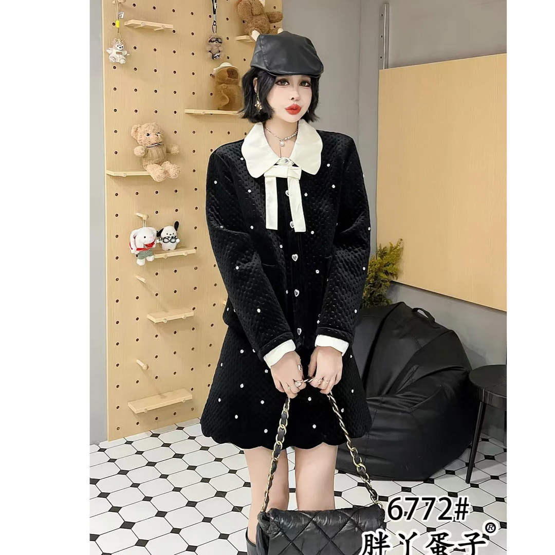 D6772小香风时尚减龄亮钻拼色翻领上衣+半身裙两件套