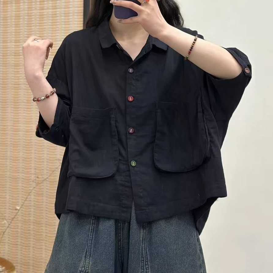 夏季新款双纱棉糖果色系复古彩扣时尚百搭宽松大口袋上衣中袖