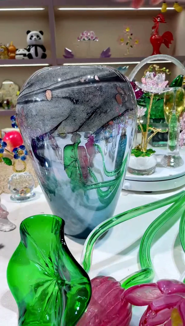 手工艺品琉璃矮款灰绿水墨风花瓶   微瑕  不含花