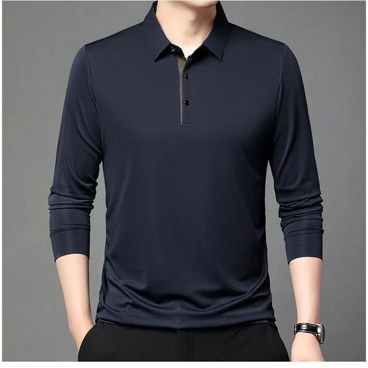 2024男士上装撞色透气商务长袖t恤中年春秋季潮流纯色