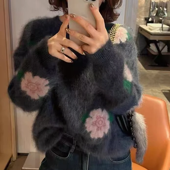 多米羊毛拉毛拉绒毛衣女秋冬天新款打底针织衫百搭毛衣外套女