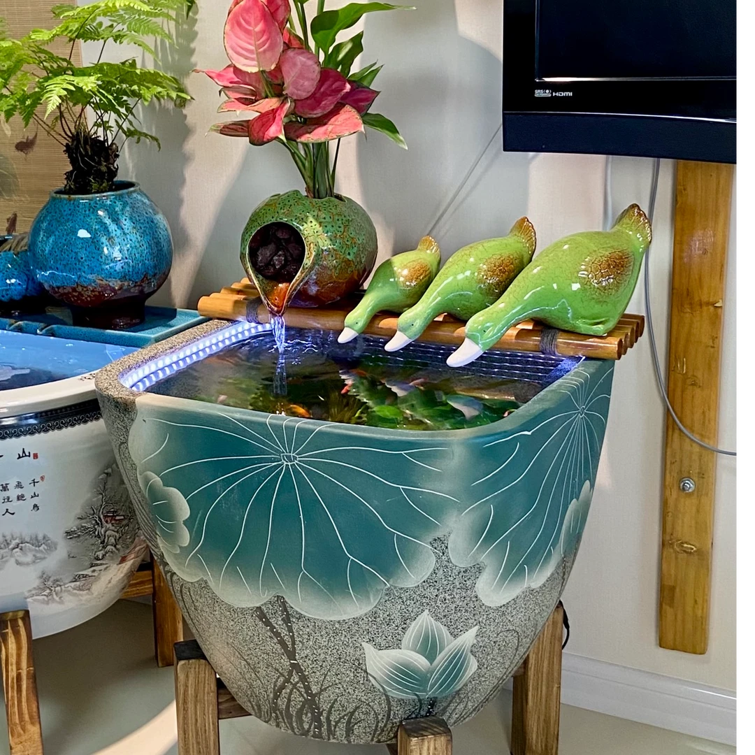 【套餐▪造景专属】古法养鱼陶瓷缸国潮孔雀色流水罐方口缸造景套餐