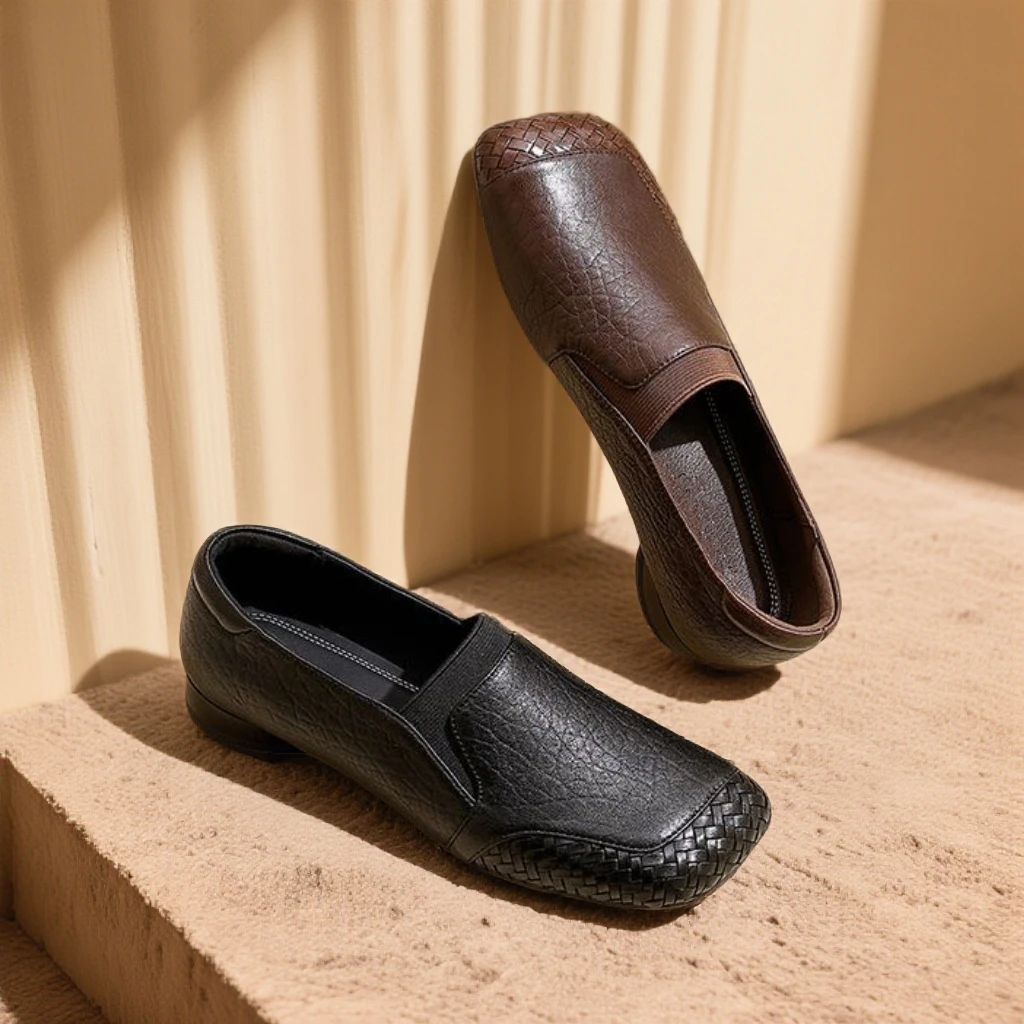 高档女鞋新款软底小皮鞋一脚蹬乐福鞋真皮松紧口低跟女士深口单鞋