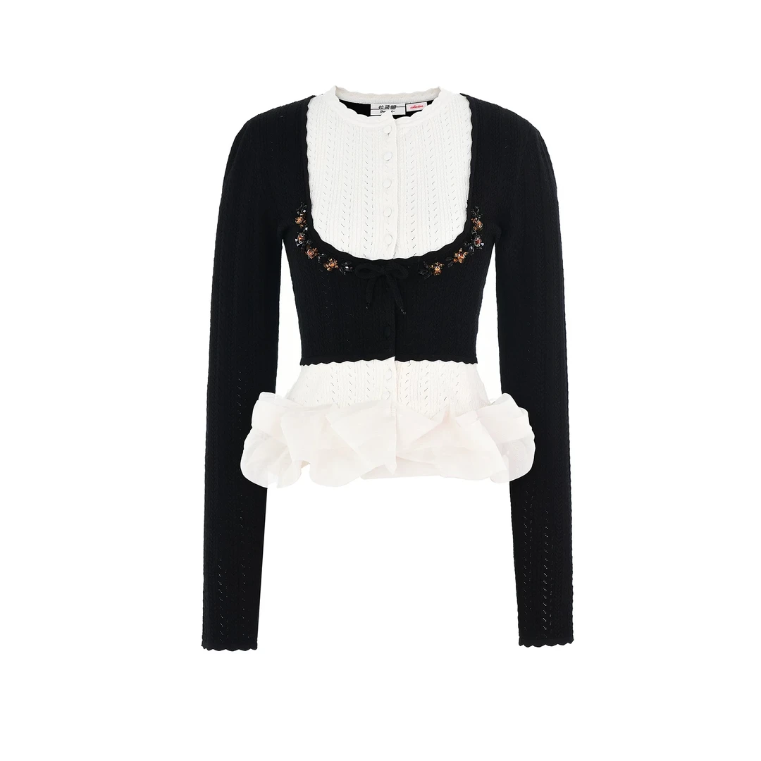 LeFame/拉飞姆2025秋季新款百搭撞色钉珠针织开衫FF25Q00ZM273