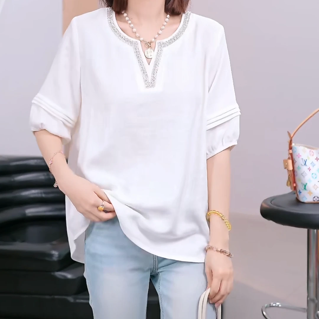 重工设计感时尚减龄百搭V领短袖洋气小衫2025年夏季新款修身上衣