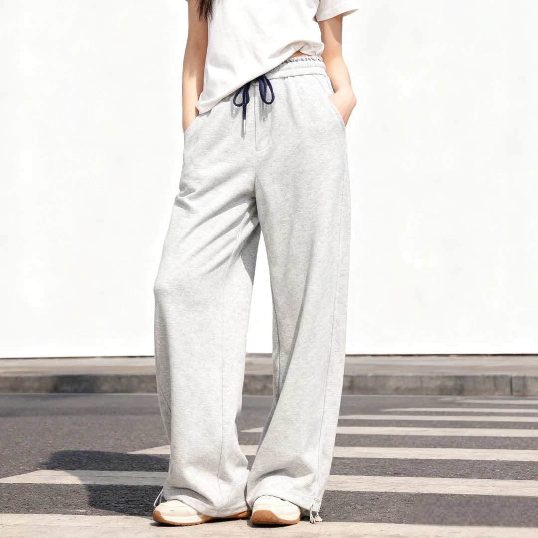 Basic House/百家好浅灰色休闲裤女秋冬抽绳腰头束脚设计宽松卫裤