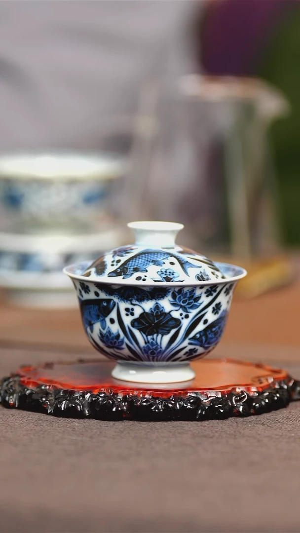 景德镇纯手工纯手绘 鱼藻盖碗  容量130