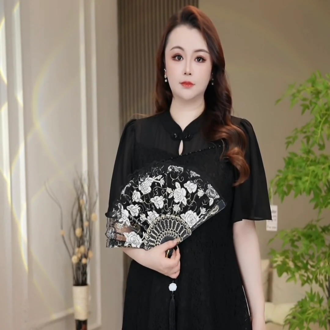 【宇宝】25夏季拼接名媛修身连衣裙气质蕾丝轻奢黑色气质连衣裙