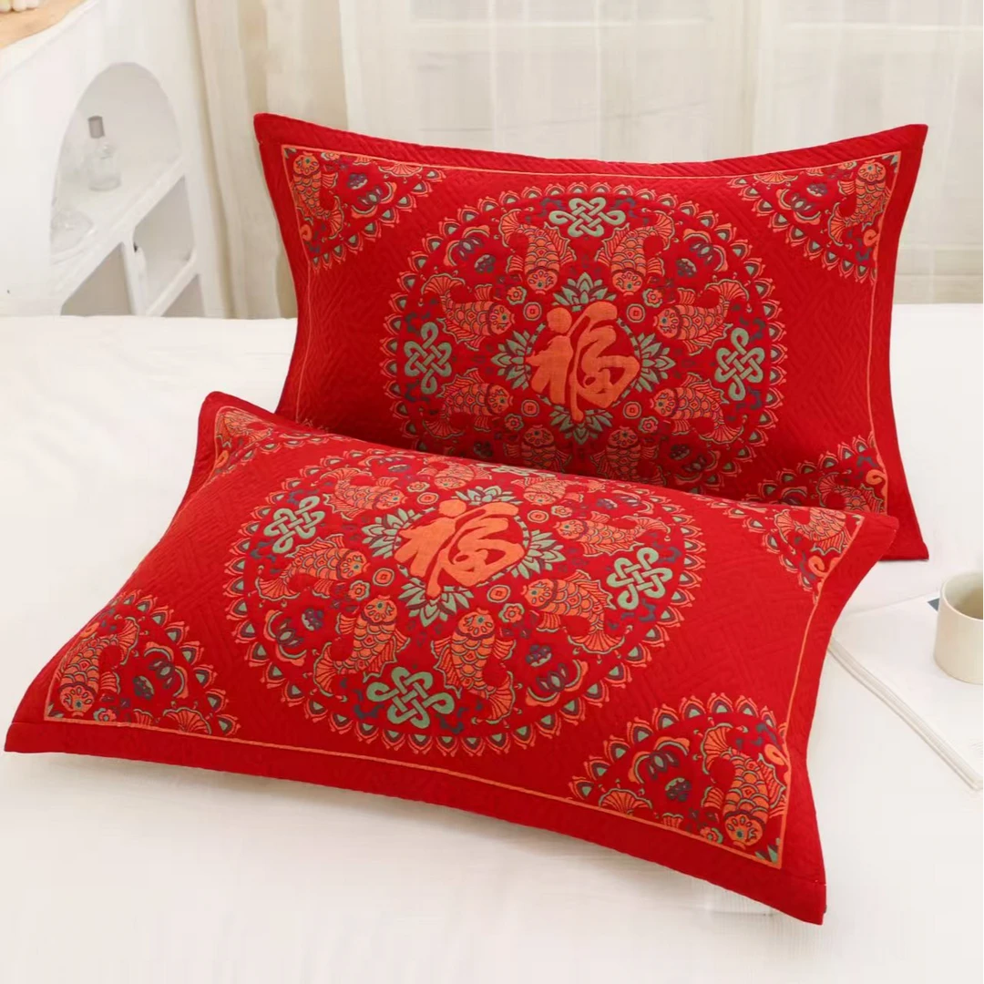 新年款大红色细纱纯棉纱布枕头巾福字马年红枕巾成人四季透气柔软