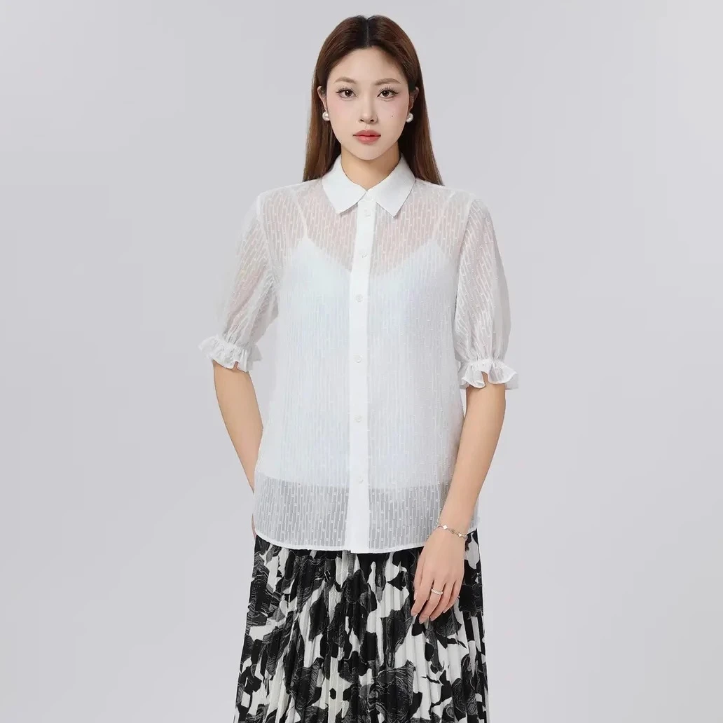 哥弟夏季新款时尚百搭优雅通勤小翻领泡泡袖两件套衬衣衬衫130018