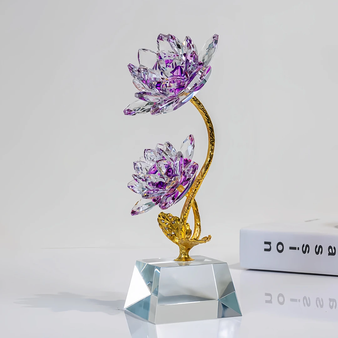 并蒂紫色水晶莲花好运莲莲摆件玄关酒柜家居轻奢高档结婚礼物花器