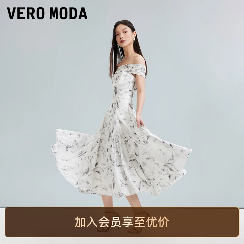 Vero Moda连衣裙一字领水墨印花A字长裙时尚轻奢高级感女装老钱风