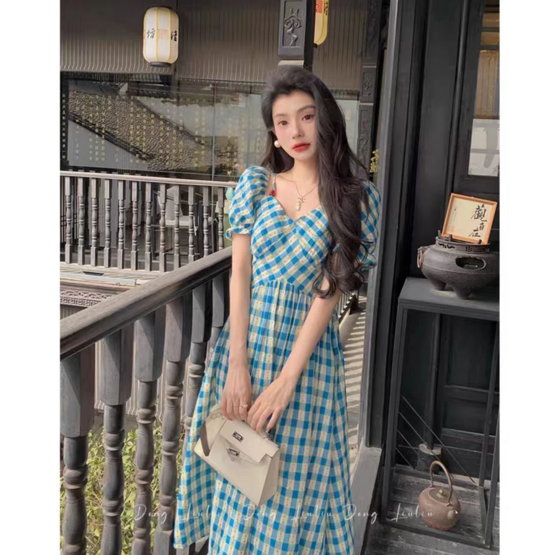 法式田园风格纹碎花连衣裙女夏遮肚子显瘦中长款连衣裙1186