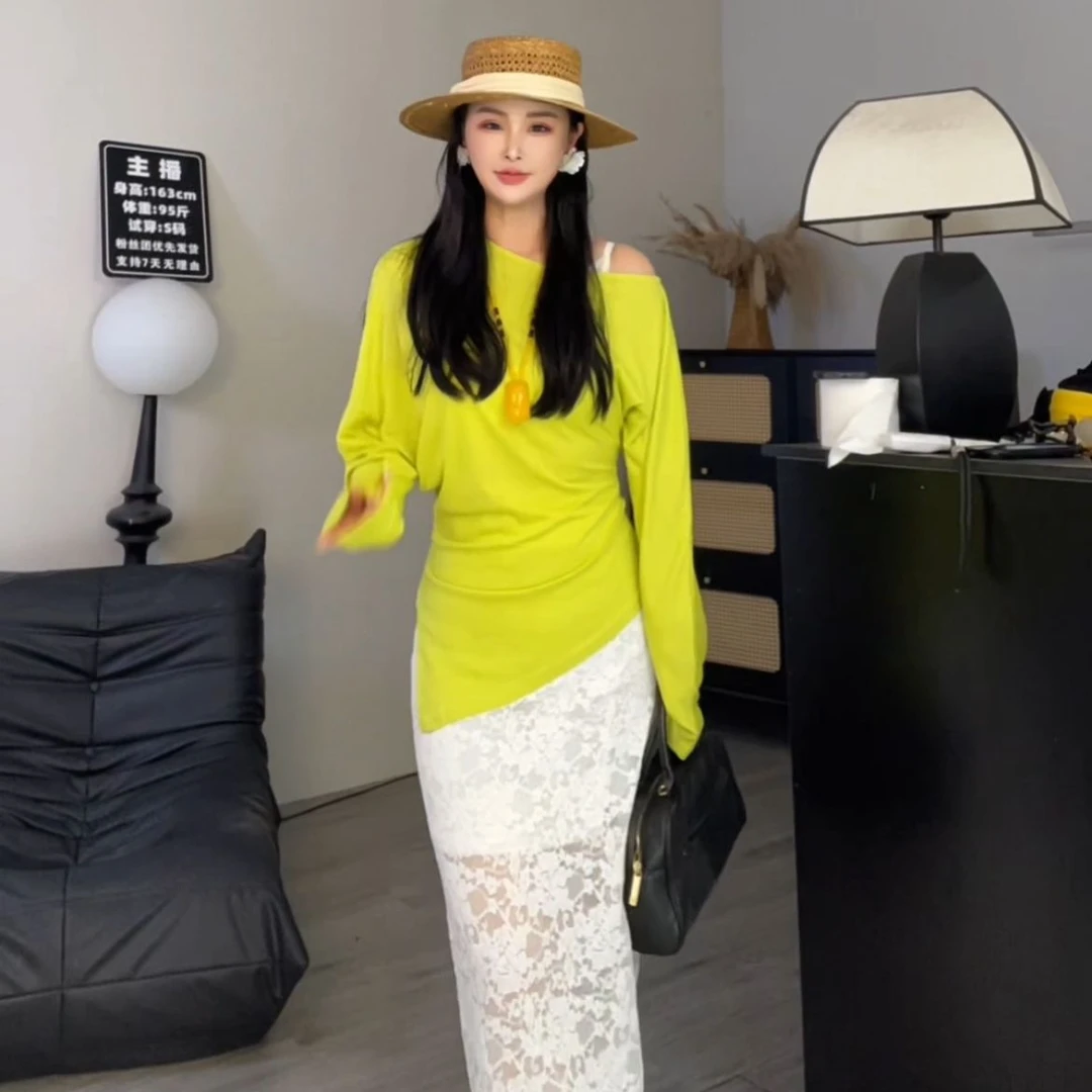 【宝儿姐优选】韩版纯欲显瘦斜肩收腰设计感长袖防晒T恤