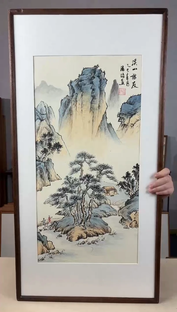 国画手绘*溪山访友*47*92cm*黑胡桃色木框