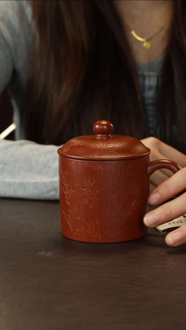茶杯紫砂李建军朱泥盖杯刻竹