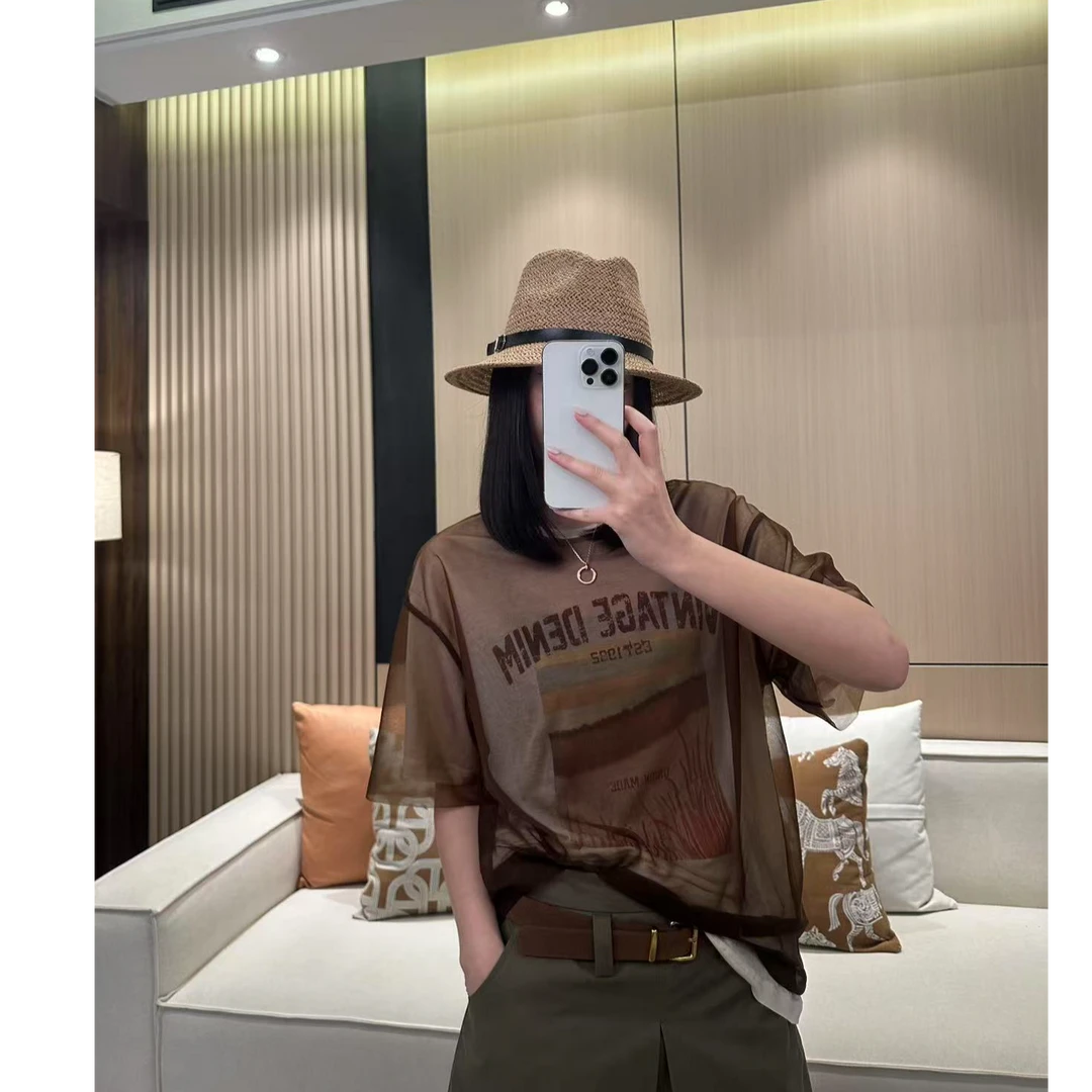 【小婉】云纱织夏   时尚百搭圆领宽松显瘦拼接网纱短袖T恤