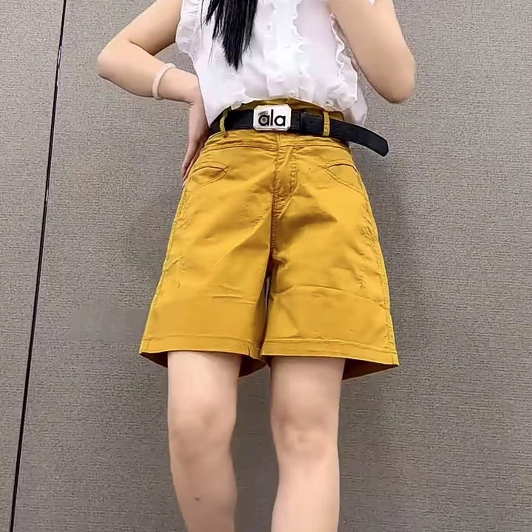 2025黄色色欧货夏季薄款休闲五分裤女百搭显瘦宽松短裤高腰阔腿裤