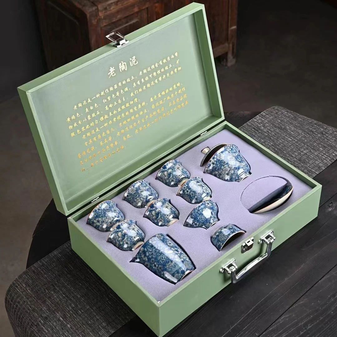 德化云仓 复古老陶泥青花满花盖碗套组家用送礼茶具套装-684