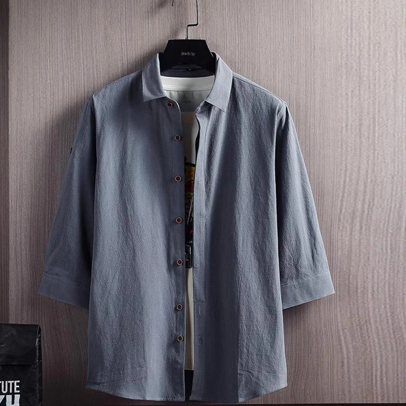 仓石一树男士薄款复古七分袖衬衫夏季新款休闲百搭中国风中袖衬衣