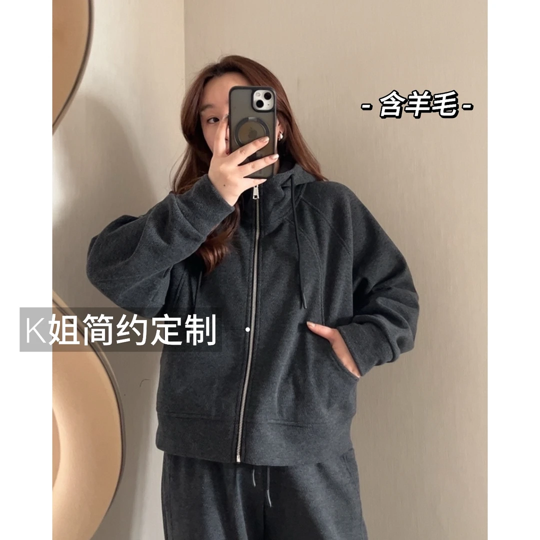 GTNER“KK定制”女新款简约时尚休闲宽松加绒羊毛卫衣卫裤套装D1653