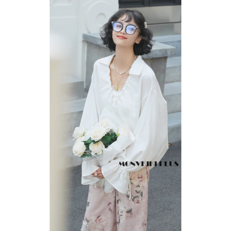 MoNvKiKiPlus2“风铃“大码微胖100%棉纯欲长袖抽绳设计衬衫#1159